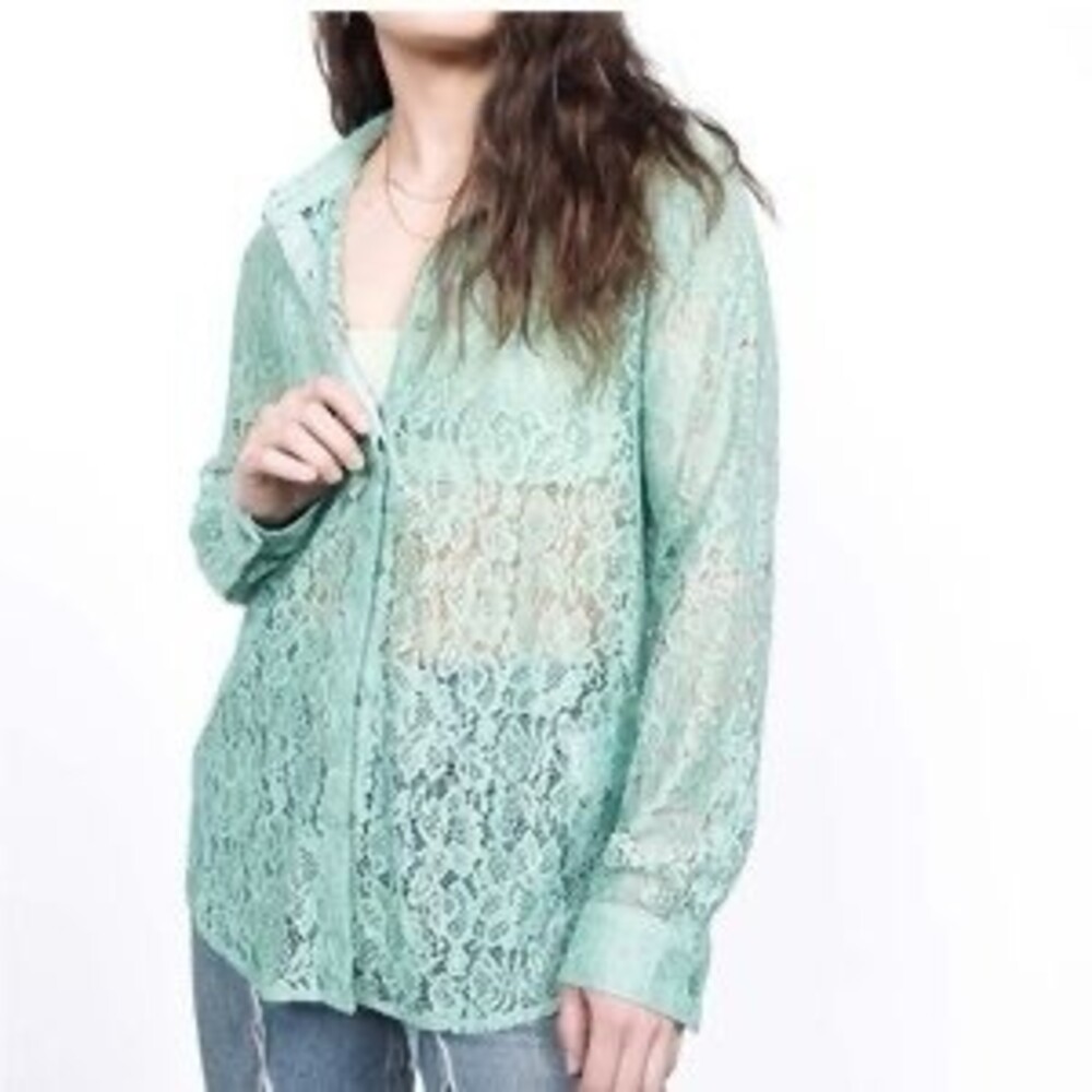 Wildfang Button-Up Shirt Sea Foam Green Lace Sheer Long Sleeve- NWT